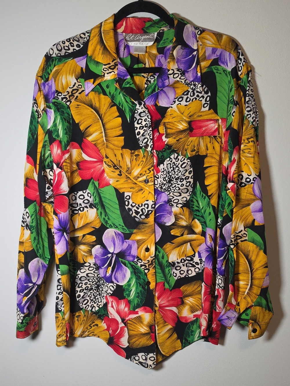 Pat Argenti 100% Silk Floral and Leopard Print Button-Up Blouse